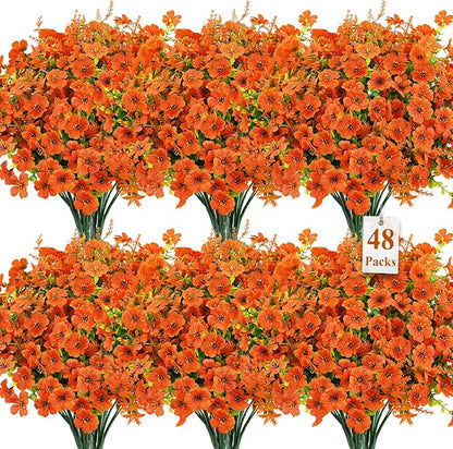 SHareconn 48 Bundles Artificial Fall Flowers for Outdoors Decoration, UV Resistant Silk Eucalyptus Lavender Faux Autumn Fake Plants for Outside Indoor Garden Yard Porch Home Decor, Orange