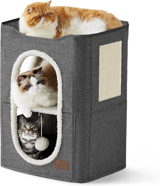 Bedsure 2 Story Cat House - Cat Condos for Indoor Cats with Scratch Pad and Fluffy Ball Hanging, Small Pet Cave Furniture Hideaway for Multi Pets, 18x14x23 inches, Dark Grey-Mewly Pet