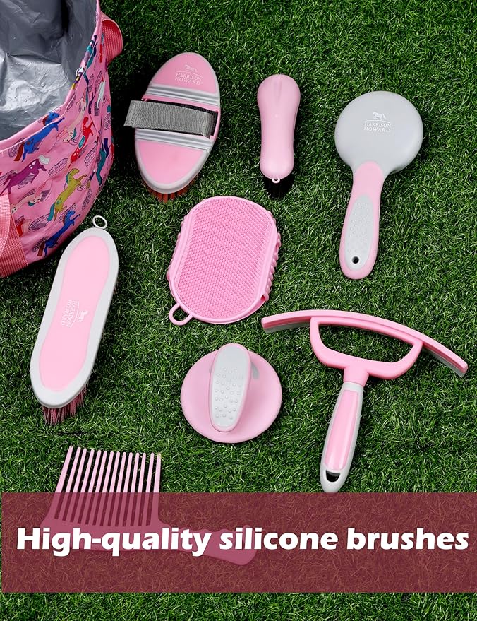 Harrison Howard Horse Grooming Kit 11-Piece Equine Care Series Horse Brush Sets with Organizer Tote Bag Tack Room Supplies Shedding Grooming Massaging Tools Pink Brushstroke Ponies-Mewly Pet