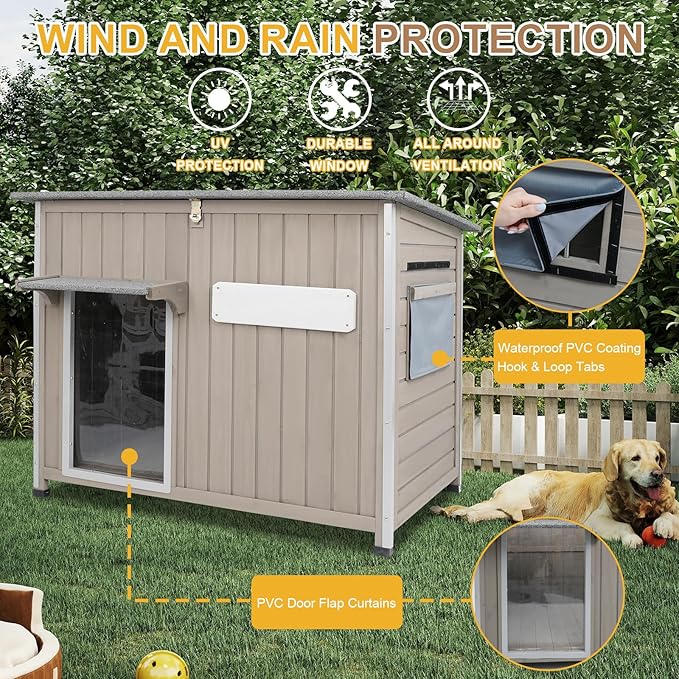 Weatherproof Outdoor Dog House, Wooden Puppy Shelter with Anti-Chewing Iron Frame and Elevated Floor, Sturdy Dog Kennel for Small, Medium & Large Dogs, Grey (Gray, 40" L x 26" W x 31" H)-Mewly Pet