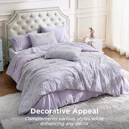 Bedsure King Size Comforter Set, Light Purple Boho Tufted Bed Set, 3D Puffy Jacquard Bedding King Size, 3 Pieces, 1 Farmhouse Shabby Chic Embroidery Comforter with Bow Pattern & 2 Pillow Cases