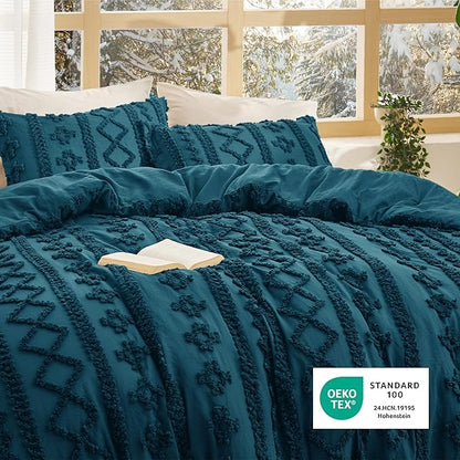 Bedsure Tufted Boho Comforter Set King Size - Teal Boho Bed Set, GentleSoft 3 Pieces Farmhouse Shabby Chic Embroidery Bedding, Gifts for Woman, Soft Jacquard King Comforter for All Seasons