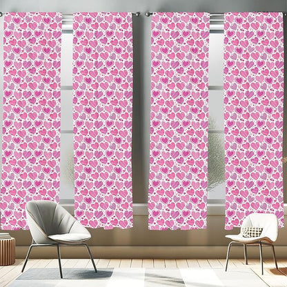 Ambesonne Valentines Window Curtains Pack of 2, Romantic Heart Shapes with Many Different Designs Polka Dots Crossed Lines, Lightweight Set with Rod Pocket, 4 Panels of - 28" x 95", Pink White