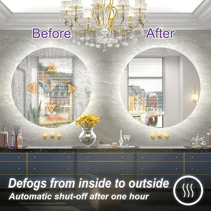 36 Inch Round LED Mirror, Backlit Bathroom Mirror with Lighted, Large Circle Vanity for Wall, Dimmable, Built-in Defoggers, 3000K/4500K/6000K