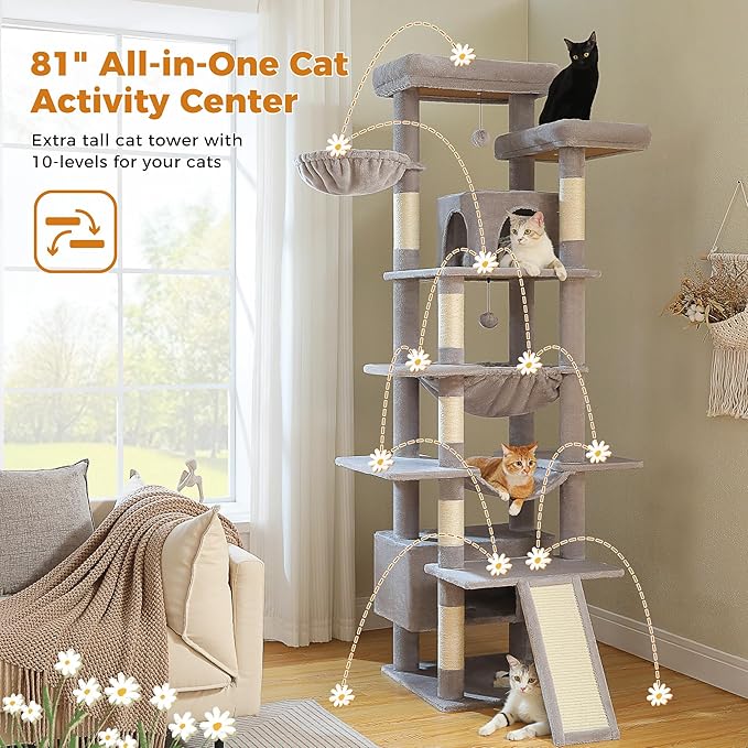 81 Inches Tall Cat Tree for Indoor Cats Large Adult - Heavy Duty Multi-Level Cat Tower with Large Metal Frame Hammock, Scratching Pad, 2 Top Perches, 2 Cozy Condos & 6 Scratching Posts - Gray-Mewly Pet