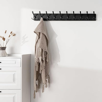 SKOLOO Coat Rack Wall Mounted - 38.3'' Long, Wooden, Heavy Duty, Rustic Coat Hooks for Wall, 16'' Hole to Hole, Wall Coat Rack with 10 Triple Hooks for Hanging Clothes, Jacket, Hat(Black)