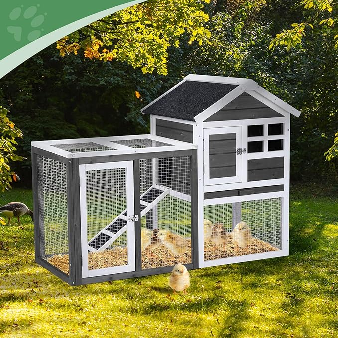 Outvita Rabbit Hutch, Small Wood Chicken Coop, 48" Guinea Pig Cage w/Pull-Out Tray, Waterproof Asphalt Roof, Chicken Run, Interactive Door for Small Animal Pen Outdoor-Mewly Pet