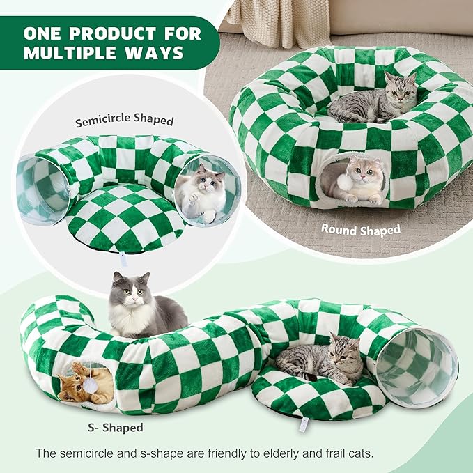 Cat Tunnel for Indoor Cats, Cute Peekaboo Cat Cave with Dangling Balls, Checkered Pet Donut Tunnel Bed with Circle Mat for Puppy Kitten Rabbit, Green/White-Mewly Pet