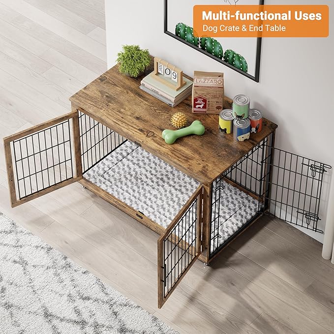 Lulive Dog Crate Furniture, XL Wooden Dog Kennel Indoor Double Doors Dog Cage, 44'' Heavy Duty Dog Crate with Cushion & Wheels, Decorative End Table Pet House Chew-Resistant for Large Dogs, Brown-Mewly Pet