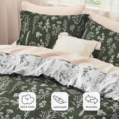 Bedsure Twin/Twin XL Comforter Set - Dark Olive Green Bed Set, 2 Pieces Cute Floral Bedding, 1 Soft Reversible Botanical Flowers Comforter and 1 Pillow Sham