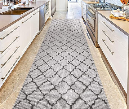 Custom Size Modern Runner Rug Carpet for Hallway Entryway Foyer Kitchen, Slip Resistant Latex Rubber Backed 31 inch Wide X Customized Length, Trellis Grey, 31 inch X 17 feet