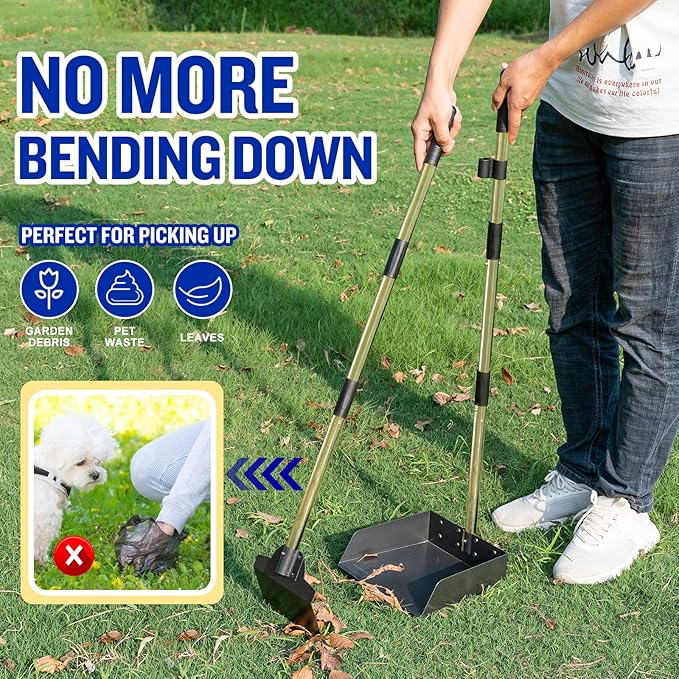 Pooper Scooper for Large Dogs, Adjustable Long Handle Metal Tray and Spade Poop Scooper for Dogs with Bin for Pet Waste Removal, No Bending Clean Up Pooper Scooper for Medium and Large Dogs-Mewly Pet