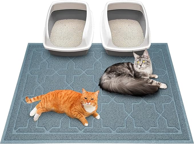 Yimobra Cat Litter Mat, 47"x36" Litter Box Mat with Litter Lock Mesh, Soft Cat Litter Mat Litter Trapping Mat, Easy to Clean, Non-Slip, Water Resistant, Litter Free Floors, Tea Blue-Mewly Pet