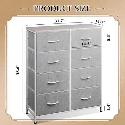 WLIVE Fabric Dresser for Bedroom, Tall Dresser with 8 Drawers, Storage Tower with Fabric Bins, Double Dresser, Chest of Drawers for Closet, Playroom, Dormitory, Light Grey