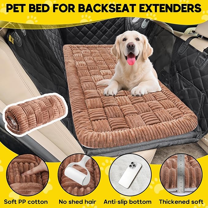 Dog Car Bed Mat, Non-Slip Backseat Extender Pet Blanket, Plaid Dog Bed for SUVs, Sedans & Trucks, Chew-Resistant Travel Pad for Dogs, Easy Clean & Scratch-Proof & Comfort (50"x24.6") Brown-Mewly Pet