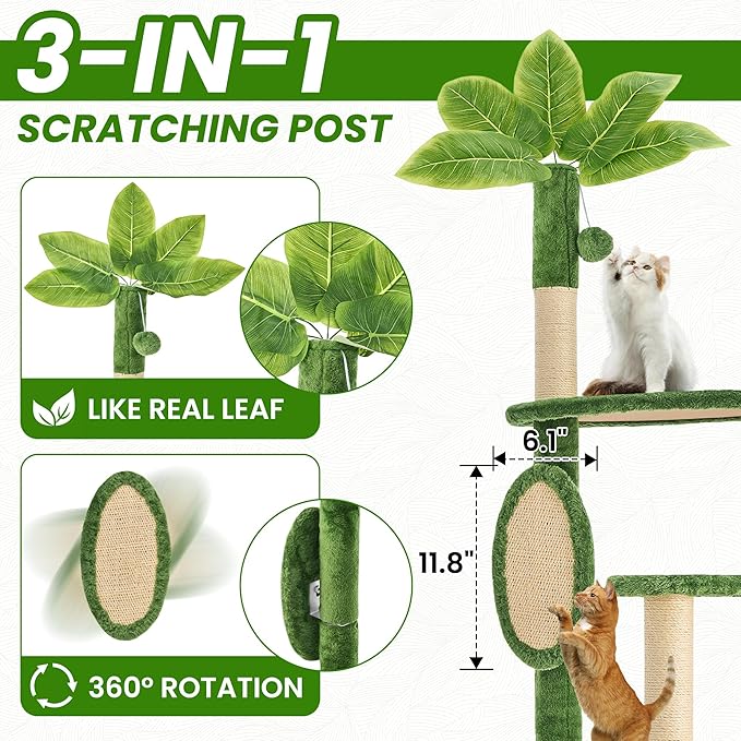 55 Inch Large Cat Tree Tower for Indoor Cats with Hammock Green Leaves Sisal Scratching Post, Plush Hang Ball Play Furniture for Kittens & Adult Cats,New Green-Mewly Pet