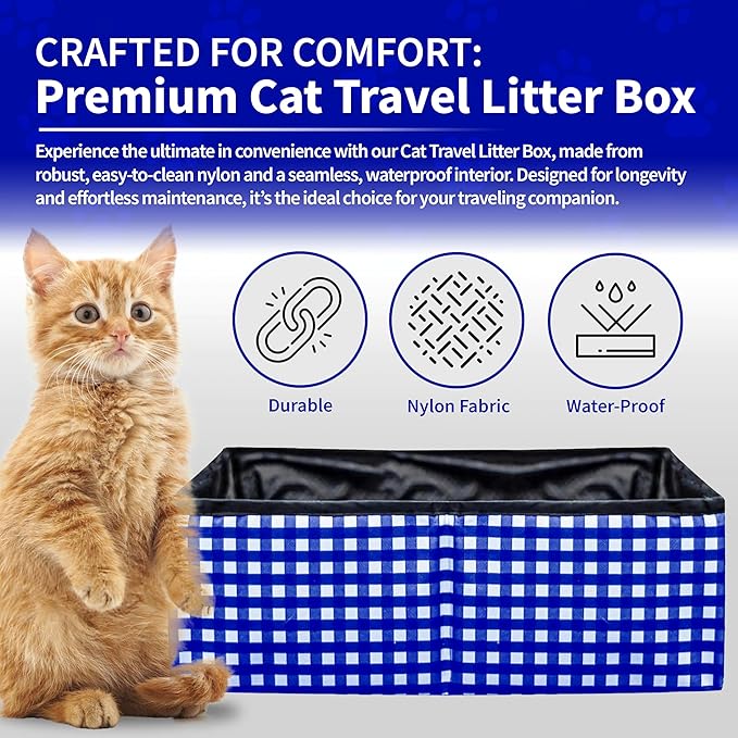Pet Fit For Life - Vibrant Collapsible Travel Cat Litter Box - Portable, Foldable, Compact Design with Bonus Water Bowl - Ideal for Car & Camping - Reusable, Cats Safe - Blue, (16"x12"x5")-Mewly Pet