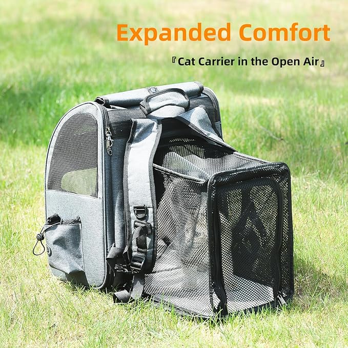 Hoopet Expandable Cat Backpack Carrier – Breathable Pet Carrier for Small Cats & Dogs, Foldable Travel Backpack with Mesh Ventilation for Hiking, Walking, Camping, Light Grey-Mewly Pet