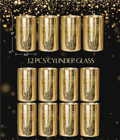 Gold Cylinder Vases for Centerpieces, Modern Glass Vase Set of 12 Decorative Hurricane Candle Holder for Pillar Candle Holders Flowers for Table Centerpiece