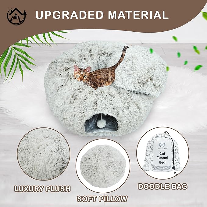 Large Cat Tunnel Bed for Indoor Cats Warm Fluffy Plush Cat Cave Tunnel Bed Collapsible, Washable, 3 Way and Multifunctional with Dangling Balls for Cats, Kittens and Rabbits- Brown-Mewly Pet