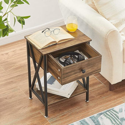 VECELO Nightstands Set of 2, Modern Bedside End Tables, Night Stands with Drawer and Storage Shelf for Living Room Bedroom, Industrial Metal Frame