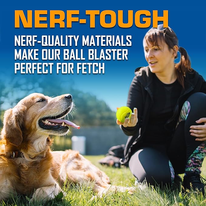 Nerf Dog Tennis Ball Blaster Dog Toy Gift Set, Tennis Ball Dog Fetch Toy Launches up to 50 ft, Dog Ball Thrower for All Breeds Includes Translucent Blue Tennis Ball Launcher and 3 Dog Tennis Balls-Mewly Pet