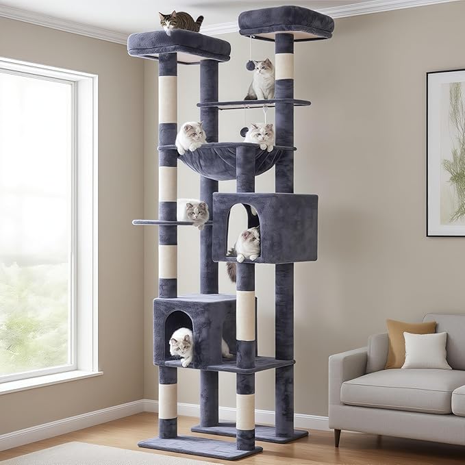 Hey-brother Tall Cat Tree Tower, Heavy Duty Scratching Posts with Large Platforms, Cozy Condos, Big Hammock, Toy Balls, Multi-Level Furniture for Indoor Adult Cats, 80.7 Inches, Smoky Gray MPJ039G-Mewly Pet