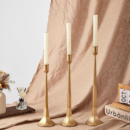 Denique Iron Taper Candle Holder Set of 3, Gold Candlestick Holders Decorative Candle Stand, Tapered Candle Holders Tall Set for Wedding, Dining Table, Home Decoration (Gold)