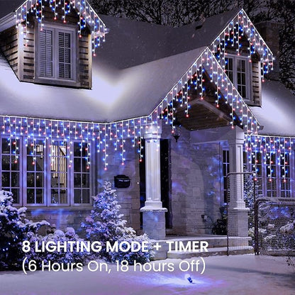 Toodour Red White Blue Christmas Icicle Lights, 29.5ft 360 LED Icicle Lights, 8 Modes, 60 Drops, Window Curtain Led Christmas Light, Icicle Twinkle Light for Eaves, Party, Wedding, Xmas Decorations