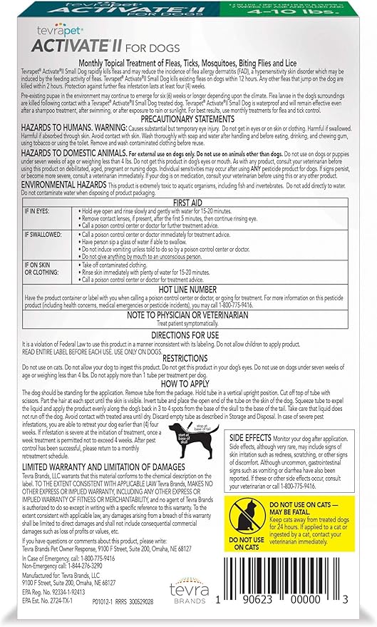 TevraPet Activate II Flea and Tick Prevention for Dogs | 4 Count | Small Dogs 4-10 lbs | Topical Drops | 4 Months Flea Treatment-Mewly Pet