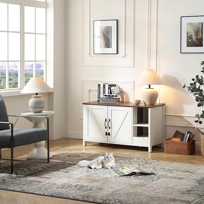 41.3'' Cat Litter Enclosure,Adjustable Shelf for Dog Proof and Storage,Locks Added for Cat, Litter Collector,Small Indoor Cat House,Antique White-Mewly Pet