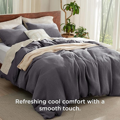 Bedsure Cooling Waffle Duvet Cover King - Cotton Blend Rayon Derived from Bamboo Duvet Cover Set for Hot Sleepers, Breathable Bedding Set with a Vintage Charm, 3 Pieces (Charcoal, King, 104"x90")