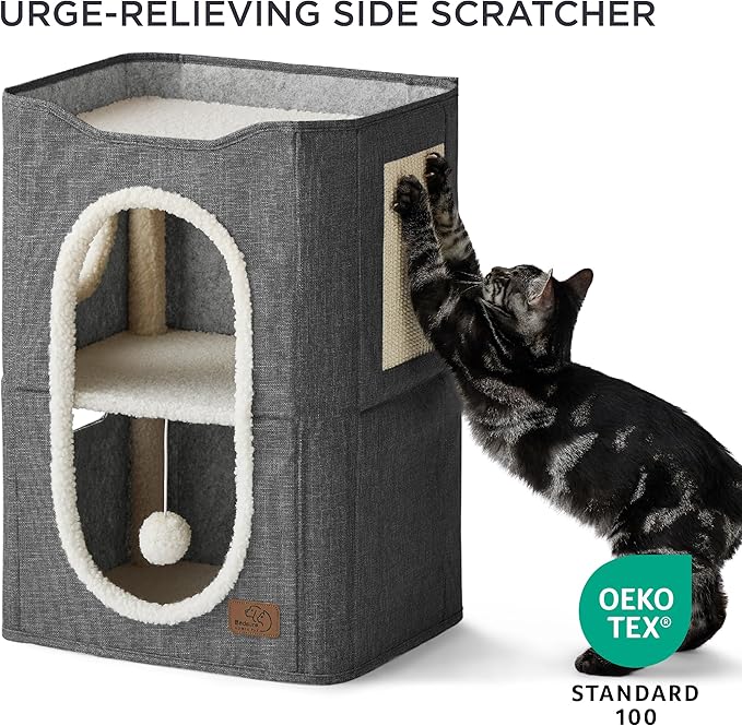Bedsure 2 Story Cat House - Cat Condos for Indoor Cats with Scratch Pad and Fluffy Ball Hanging, Small Pet Cave Furniture Hideaway for Multi Pets, 18x14x23 inches, Dark Grey-Mewly Pet