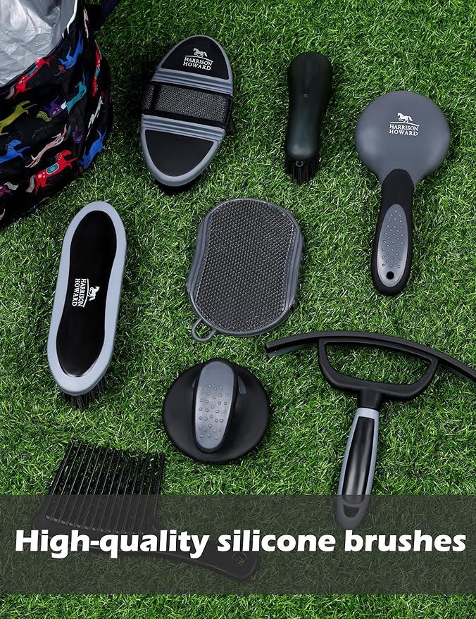 Harrison Howard Horse Grooming Kit 11-Piece Equine Care Series Horse Brush Sets with Organizer Tote Bag Tack Room Supplies Shedding Grooming Massaging Tools Black Brushstroke Ponies-Mewly Pet