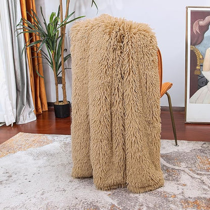 Tuddrom Decorative Extra Soft Faux Fur Blanket Queen Size 80" x 90",Solid Reversible Fuzzy Fluffy Cozy Plush Fleece Comfy Microfiber Fur Blanket for Couch Sofa Bed,Camel
