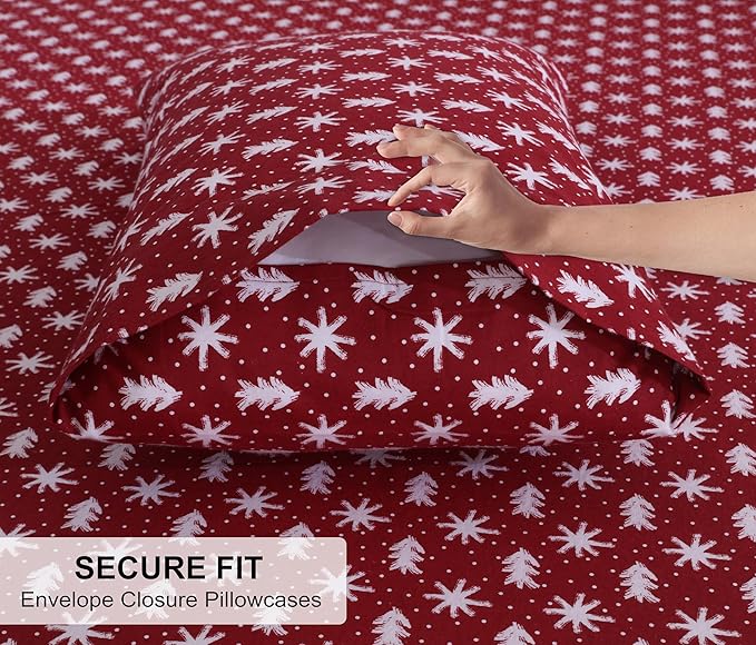 RUVANTI Flannel Sheets Twin Size - 100% Cotton Double Brushed Twin Sheets Set, Deep Pockets 16 Inches, All Seasons Breathable & Extra Soft Bed Sheets, Warm & Cozy, 3 Piece, Red Christmas