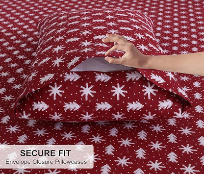 RUVANTI Flannel Sheets Full Size - 100% Cotton Double Brushed Bed Sheets Set, Deep Pockets 16 Inches, All Seasons Breathable & Extra Soft Full Sheets, Warm & Cozy, 4 Piece, Red Christmas