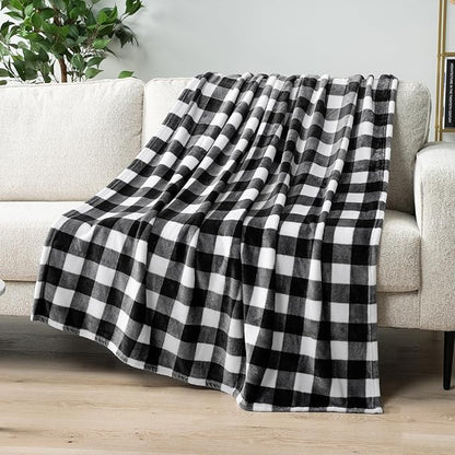 PAVILIA Black and White Buffalo Plaid Fleece Bed Blanket Queen Size, Soft Checkered Flannel Blanket for Sofa, Plaid Christmas Couch Throw Bed, Warm Cozy Decorative Blanket Fall Decor Gift, 90x90