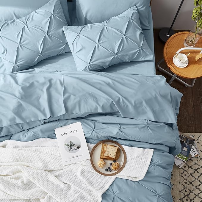 Bedsure Queen Comforter Set Light Blue - Bed in a Bag Queen Size Bedding 7 Pieces, GentleSoft™ Pintuck Bed Set Gift for Family, Pinch Pleat All Season Comforter with Sheets, Pillowcases & Shams