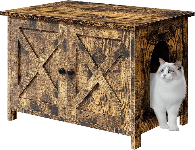 JY QAQA Cat Litter Box Enclosure,Litter Box Furniture Hidden with Barn Door,Wooden Cat Washroom Furniture,Cat House,Fit Most of Litter Box,Brown-Mewly Pet
