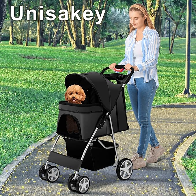 4 Wheels Pet Stroller for Small Medium Dogs Cats 10-33 lbs, Foldable Dog and Cat Stroller with Cup Holder & Storage Basket & Breathable Mesh, Pet Strolling Cart for All-Season, Black-Mewly Pet