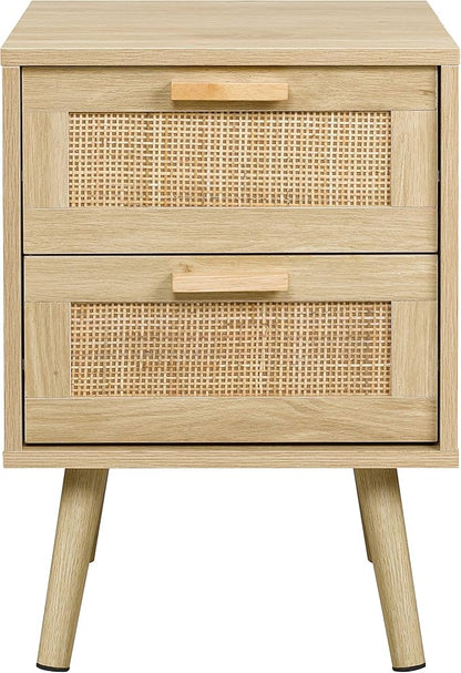 Finnhomy Nightstand, End Table, Side Table with 2 Hand Made Rattan Decorated Drawers, Wood Accent Table with Storage for Bedroom, Natural (Patented)
