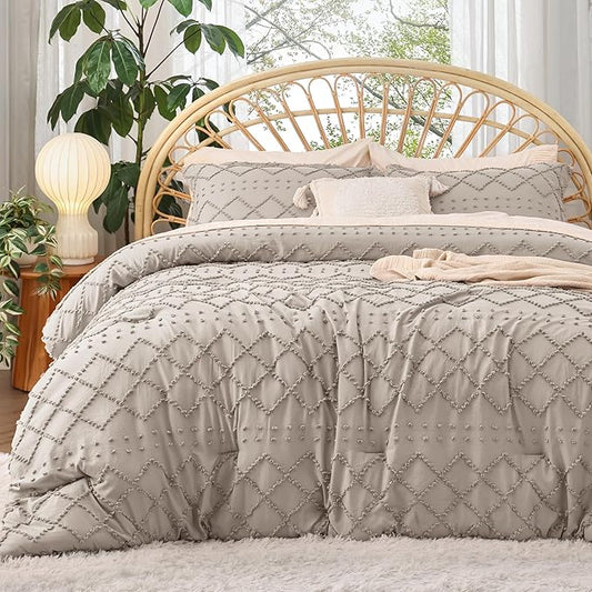 Bedsure King Comforter Set - Linen Comforter, Boho Tufted Shabby Chic Bedding for Kids, 3 Pieces Vintage Farmhouse Bed Set for All Seasons, Fluffy Soft Bedding with 2 Pillow Shams