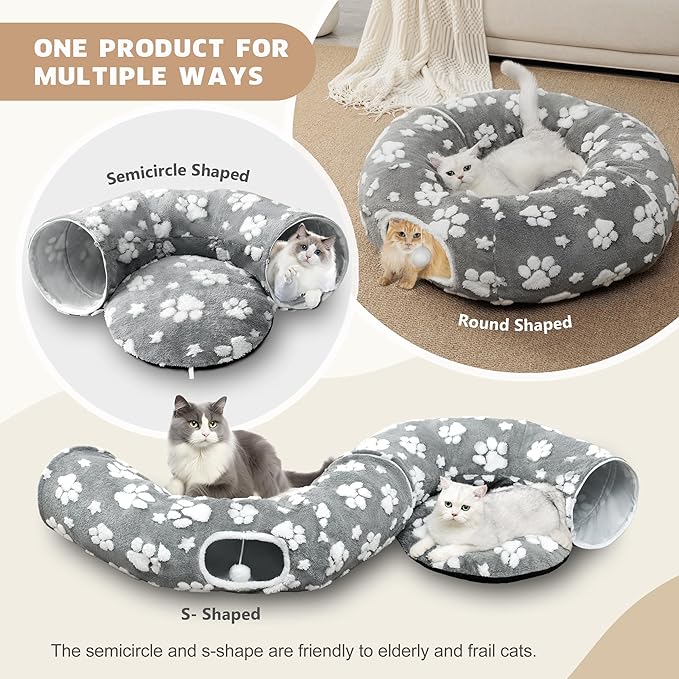 Cat Tunnel for Indoor Cats, Cute Peekaboo Cave with Dangling Balls, Pet Donut Tunnel Bed with Circle Mat for Puppy Kitten Rabbit, Grey-Mewly Pet