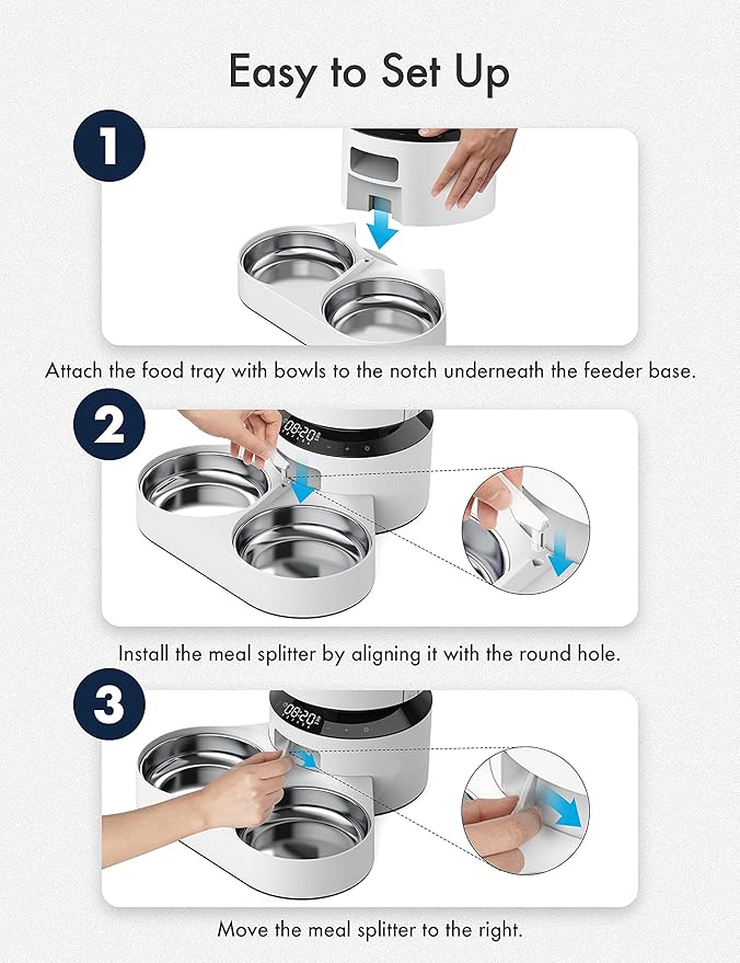 PETLIBRO Pet Food Splitter with Stainless Steel Bowls, Automatic Cat Feeder Bowls for Two Cats or Dogs, Suitable for PETLIBRO Automatic Cat Feeder PLAF005, PLAF006, PLAF103, PLAF203, White-Mewly Pet