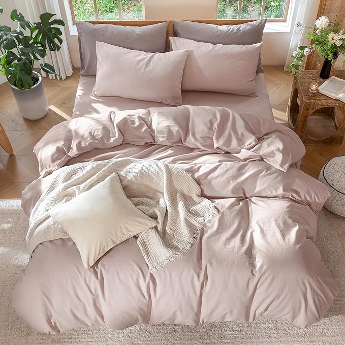 MooMee Bedding Duvet Cover Set 100% Washed Cotton Linen Like Textured Breathable Durable Soft Comfy (Heathered Greyish Pink, King 104"x90")