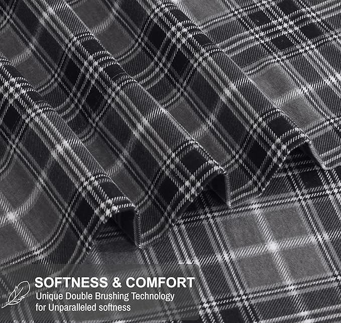 RUVANTI Flannel Sheets Twin Size - 100% Cotton Double Brushed Twin Sheets Set, Deep Pockets 16 Inches, All Seasons Breathable & Extra Soft Bed Sheets, Warm & Cozy, 3 Piece, Grey Plaid