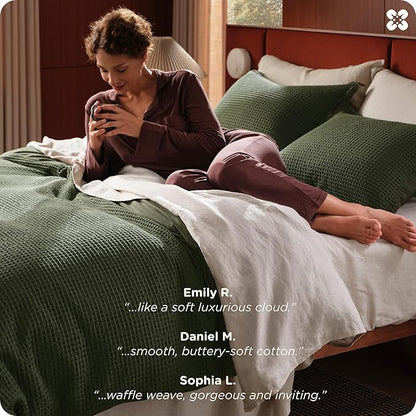 Bedsure Cotton Duvet Cover Set - 100% Cotton Waffle Weave Olive Green Duvet Cover California King Size, GentleSoft™ and Breathable Cal King Bedding Set for All Season, 3 Pieces, 104"x98"
