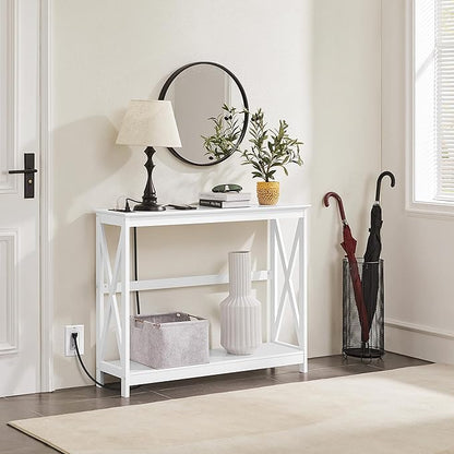 Yaheetech 40" Console Table with 2 Outlet and 2 USB Ports, Wooden Entryway Table with X-Shaped Design, Narrow Sofa Table for Living Room and Hallway,White