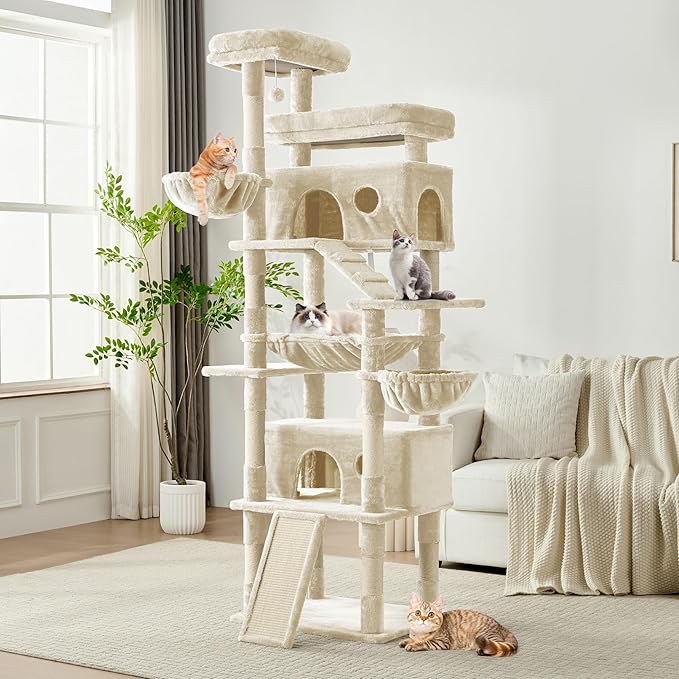 Cat Tree, 80-Inch Large Cat Tower with 9 Scratching Posts, 2 Perches, 2 Caves, 2 Basket, 2 Stairs, Extra Large Hammock, Pompoms, Multi-Level Plush Cat Condo for Indoor Cats/Beige-Mewly Pet